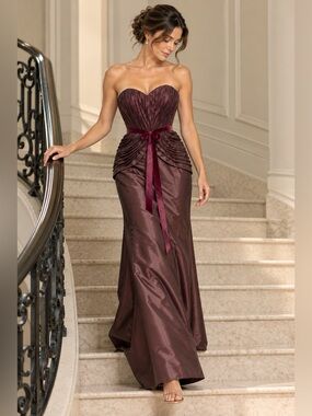 David Meister 2005 Y2K Strapless Satin Ruched Gown in Deep Chocolate Plum Sz 6